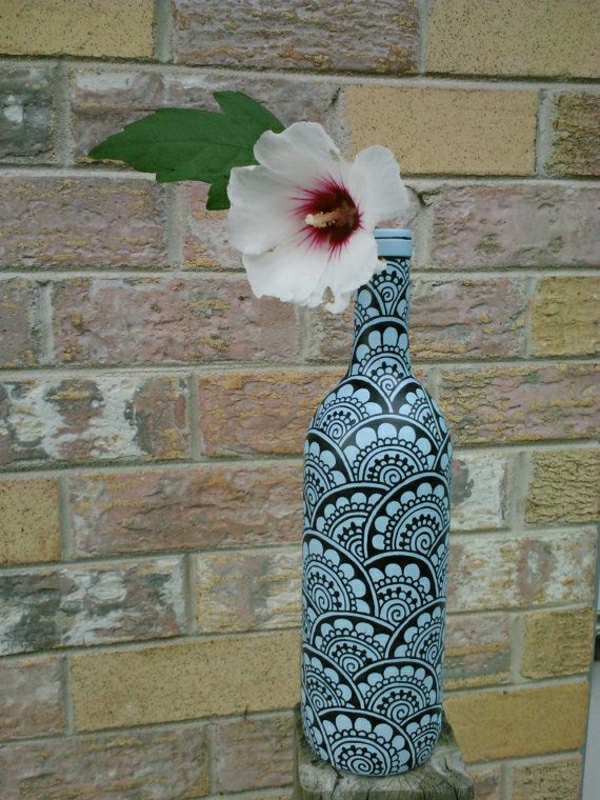 Μπουκάλι κρασί Henna μοτίβο Μαύρο Μπλε Λουλούδι
