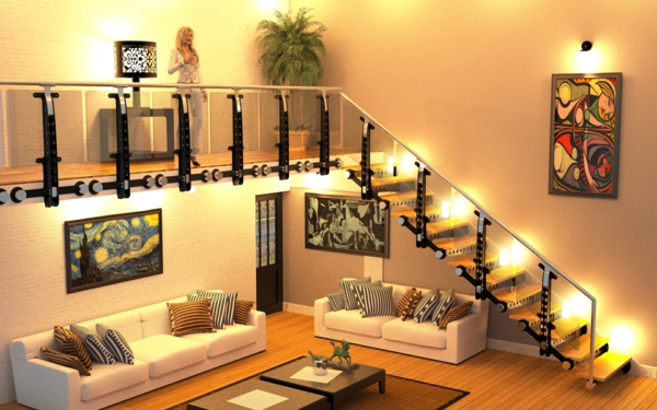 Konzol-lépcső modern nappali-design-sok fény