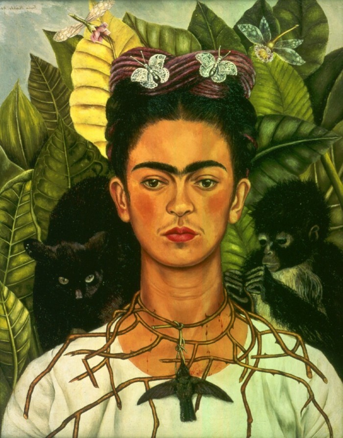 Frida Kahlo Self Portrait Thorn Collar años 1940 Mascotas exóticas Monkey Cat