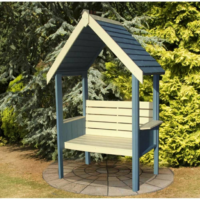 Banco de jardín con techo de color beige-azul-sencilla y fácil
