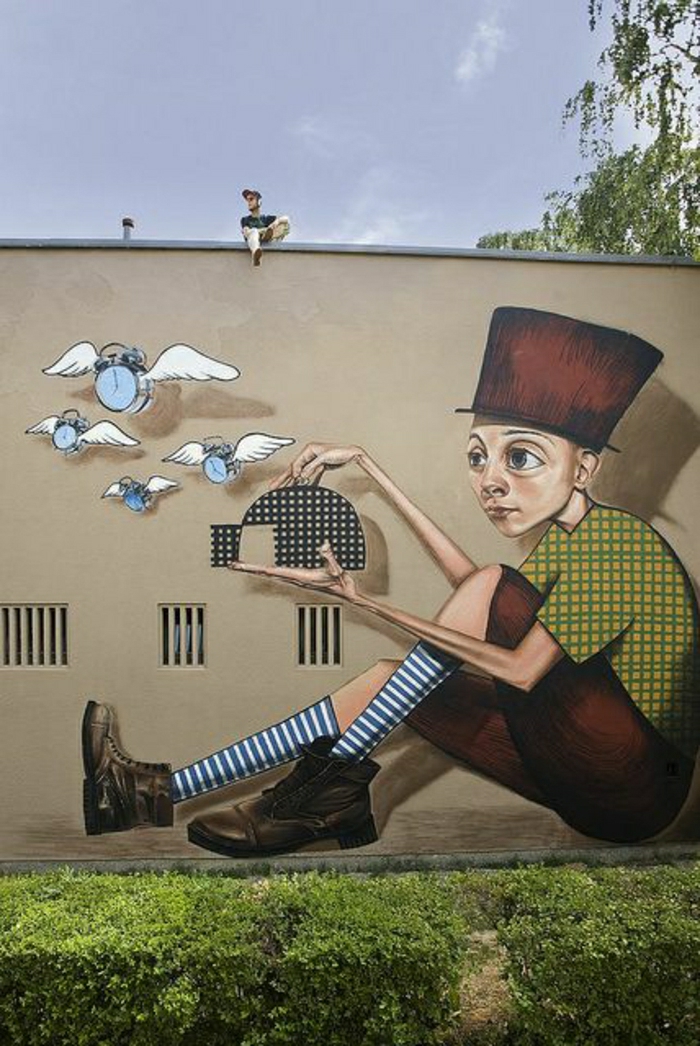 Сграда стена графити време ловец Кейдж летящи часовници