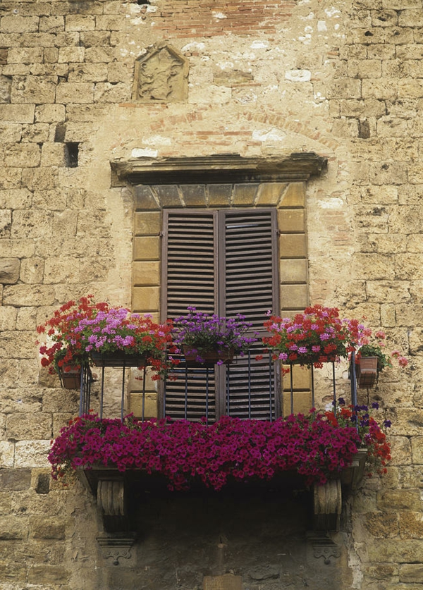 Barandilla por un balcón cubierto con-flores