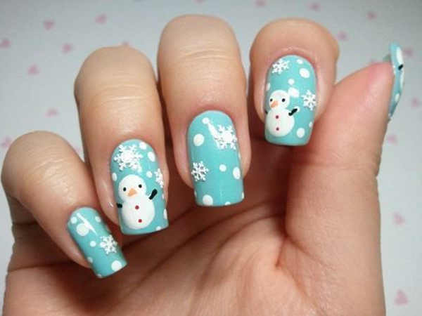 Gel νύχια-για-Χριστούγεννα-in-.Babyblau-με-την όμορφη Χιονάνθρωποι τέχνης