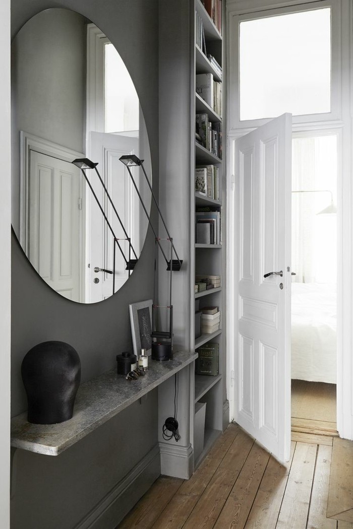 idées de design Corridor rond-miroir sans-cadre-mur gris couleur