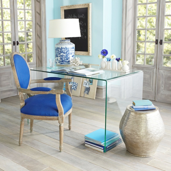 Üveg asztal-with-minimalista design kék szék
