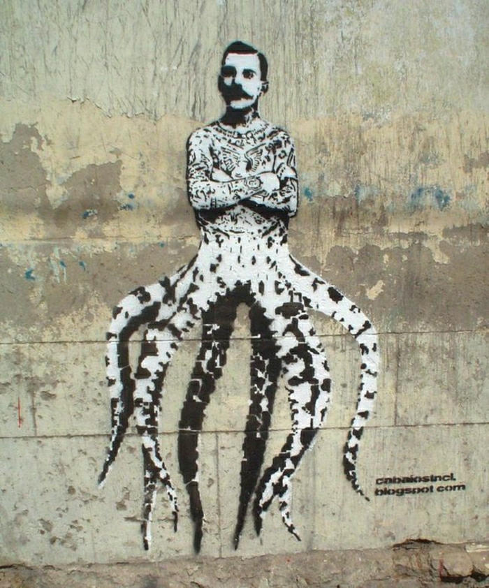 Графити Steet-арт Фреди Меркюри октопод-забавна шега