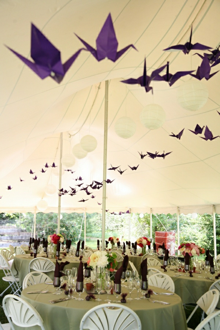 Deco boda púrpura del origami grúas para colgar