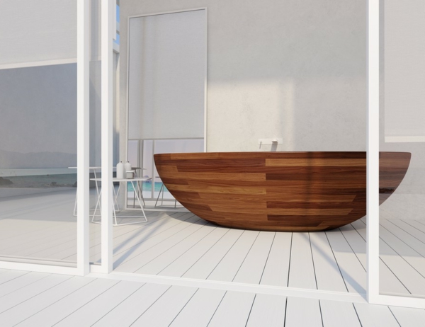 Fa fürdőkád-dió tervezés fehér fürdőszoba