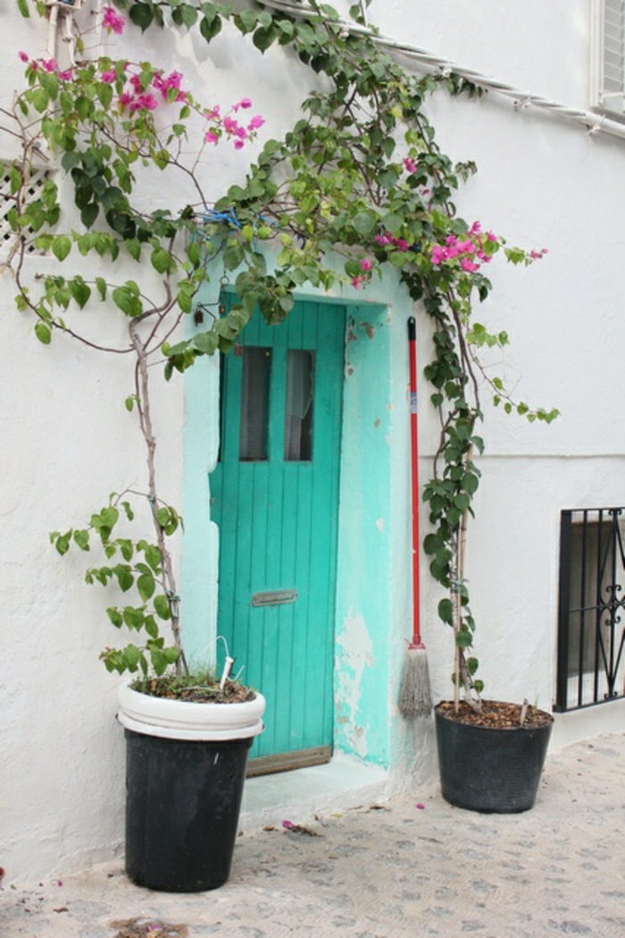 Ibiza, Spanyolország-türkiz színű ajtó-alt-retro-vintage rózsaszín virágok