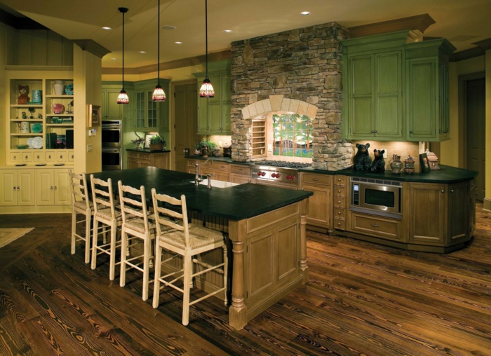 Кухненски мебели в стил рустик островитяни много-шкафове-зелено-кафяво камък