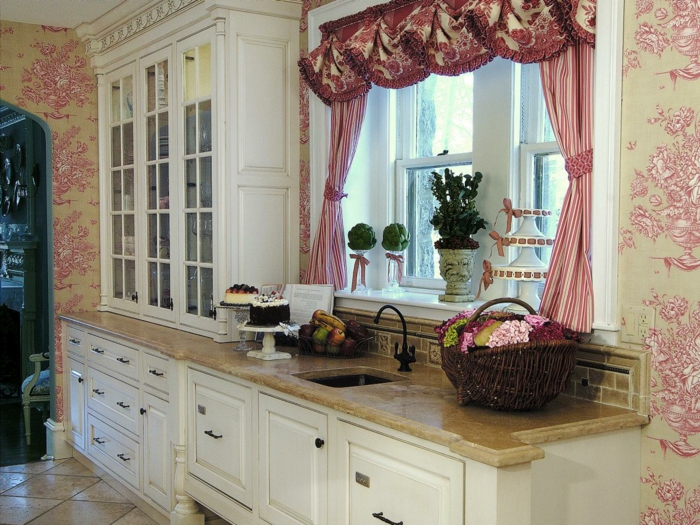 Modelo del papel pintado de la cocina románticas elegantes cortinas