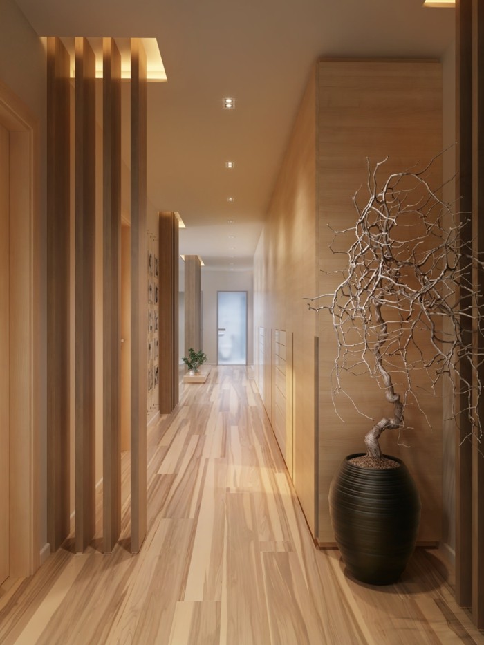 Дълъг коридор грим огромен-саксия-с-суха-растение-и-ярко ламинат етаж