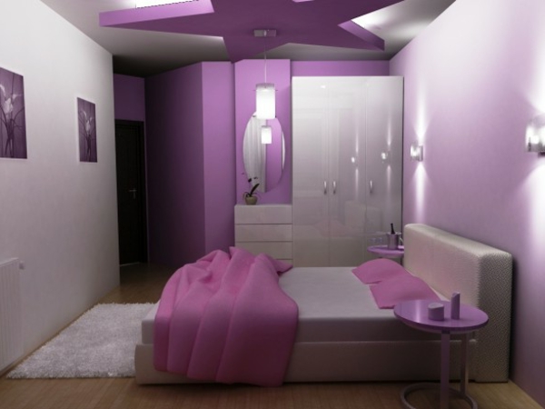 Lila fal színe modern lakberendezés hálószoba