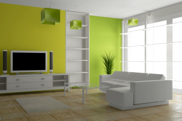Limenvihreä ja keltainen, olohuoneen seinää väri nykyaikainen