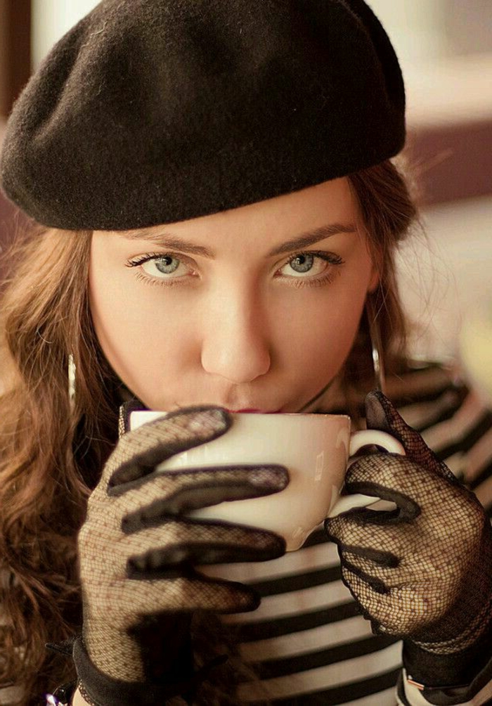 Γάντια Κορίτσι Lace καφέ φλιτζάνι μαύρο μπερέ χατ-γαλλικό στυλ