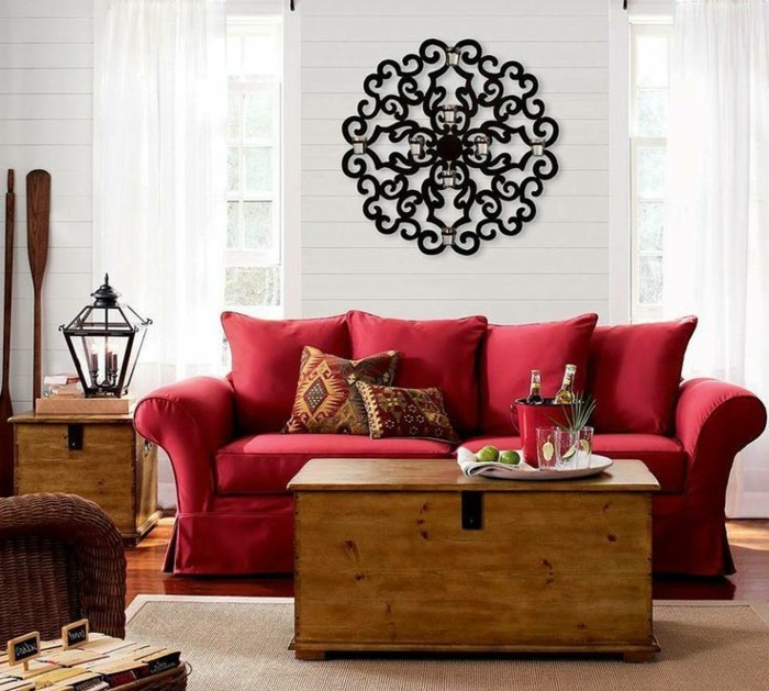 sofá muebles en el país-estilo-elegante decoración de la pared de color rojo-interesante