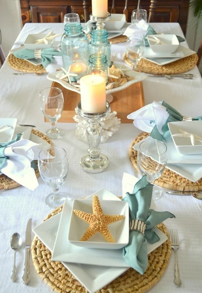 Tengeri asztaldísz-with-tengeri csillagok és gyertyák