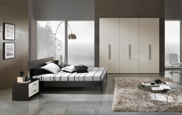 Модерна спалня дизайн лампиони бежов килим
