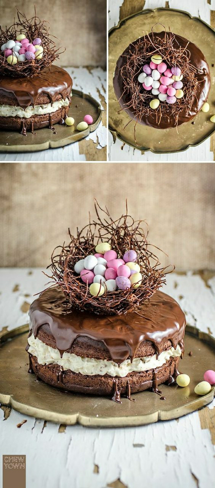 Suklaakakku pääsiäisen motiivilla Pääsiäiskori pienillä värikkäillä munilla