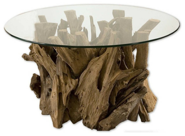 שולחן עץ סחוף מקורי עם זכוכית Wohnidee