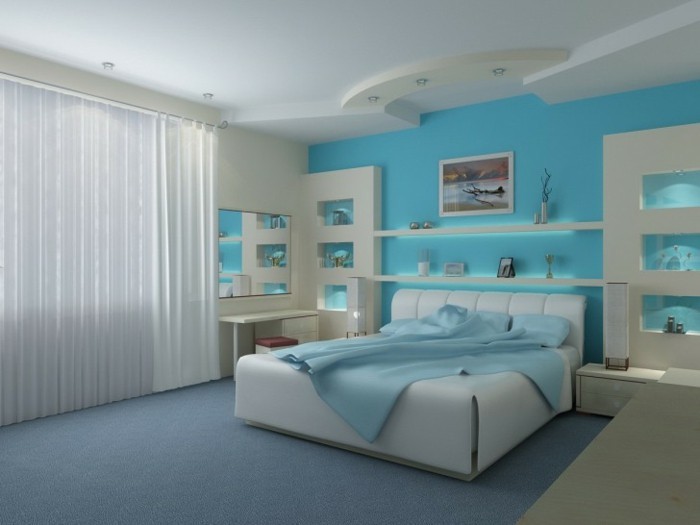 बेडरूम की दीवार डिजाइन में फ़िरोज़ा रंग