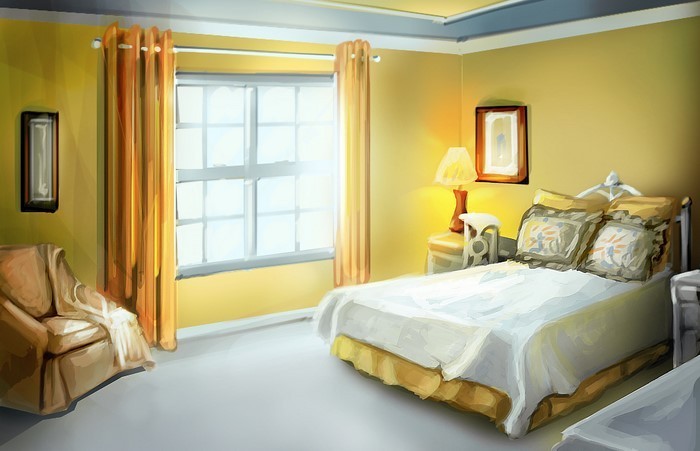 Hálószoba-szín-design-és-sárga-A-feltűnő díszítéssel