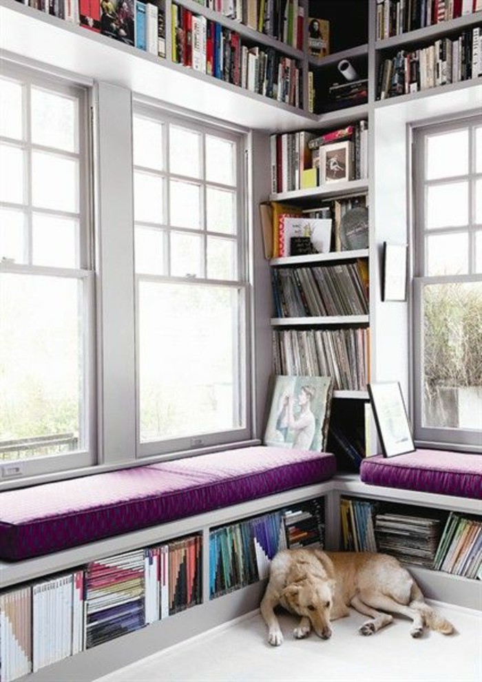 Salón-en-ventana-y-estantes para libros