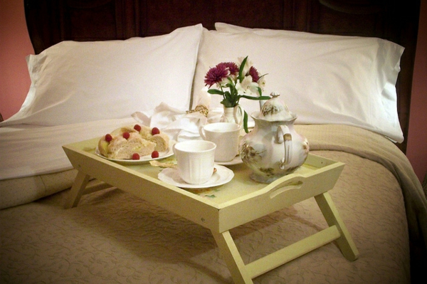 Tischcehn-de-madera-desayuno en la cama de color verde