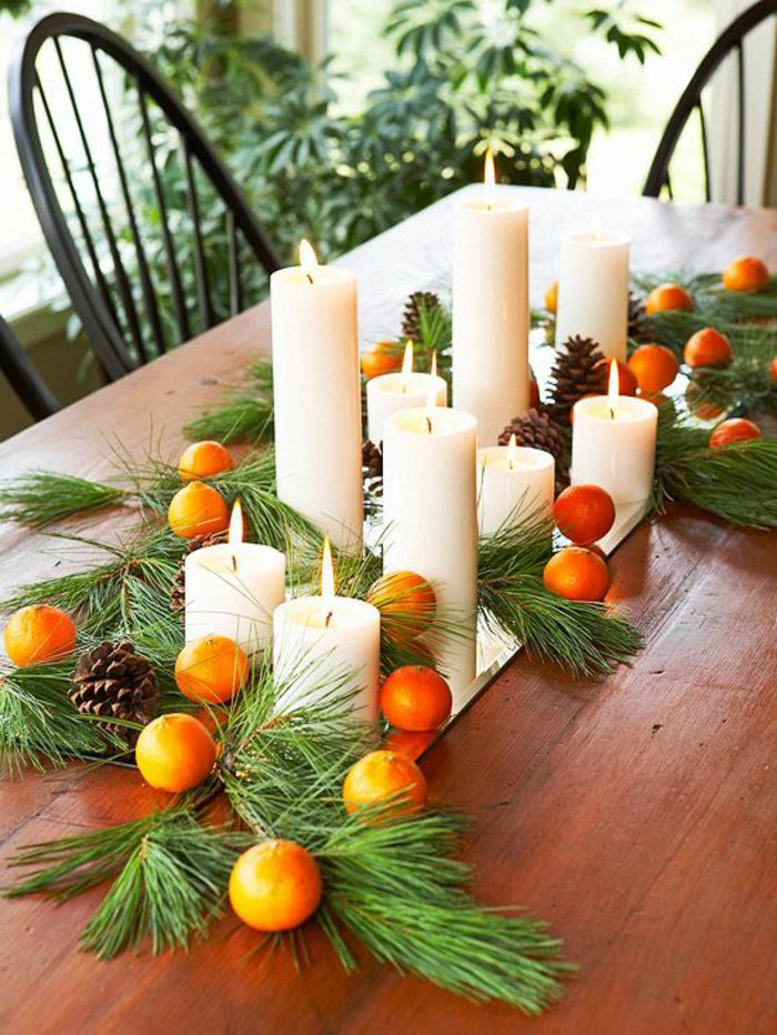 Tischdeko-to-Christmas Zannenzweige és narancssárga kúp gyertya