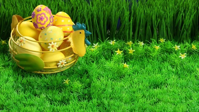 Fondo de pantalla de pollo Pascua cesta llena de huevos de color amarillo
