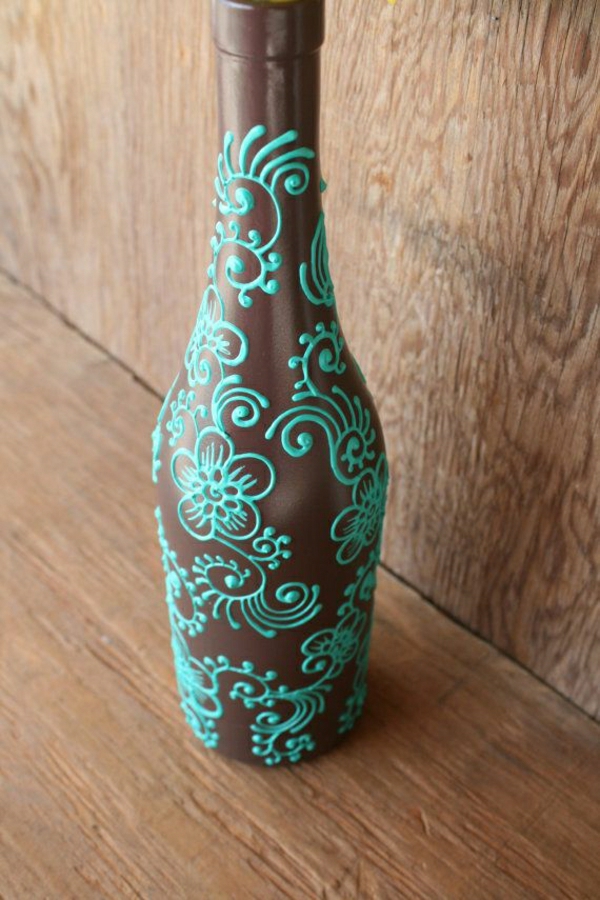 Μπουκάλι κρασιού henna καφέ τυρκουάζ μπλε handpainted