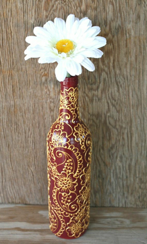 Viinipullo käsinmaalattu Henna viininpunainen Golden gerbera