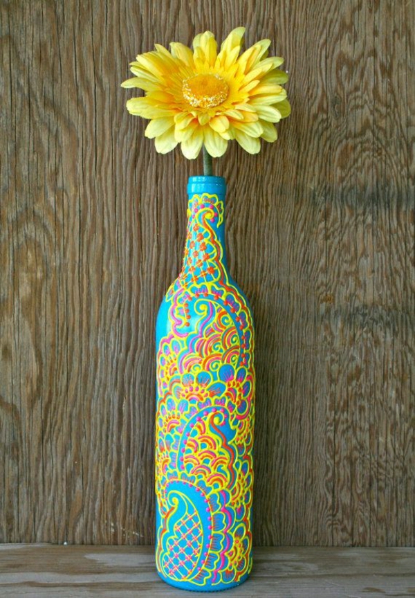 酒瓶花瓶非洲菊指甲花装饰蓝色紫色粉色黄色红色
