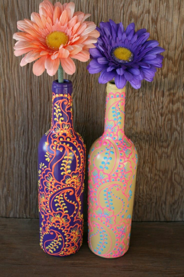 μπουκάλια κρασιού Βάζο Henna Διακόσμηση Μωβ-πορτοκαλί-κίτρινο-μπλε-ροζ-χρυσό ζέρμπερες