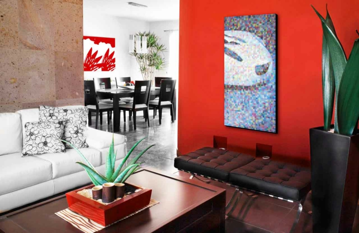 абстрактни-стенописи-пикселизирани представителство Червената стена елегантен-дневна-интериор