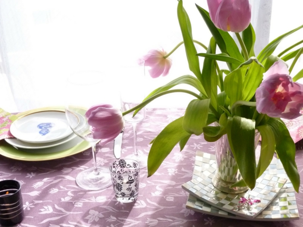 asztali dekoráció, rózsaszín tulipán-zöld-pénztári szemüveg üveg-bechälter