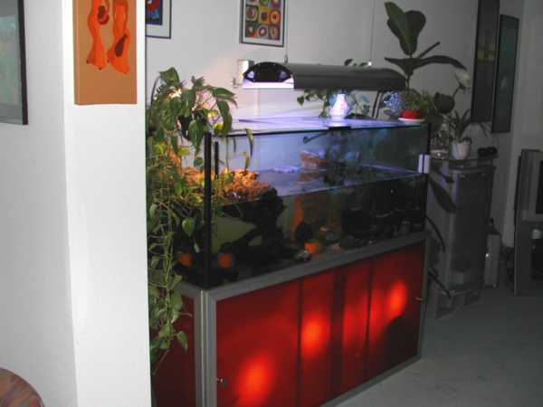 akvarij ormarić novi model crveno svjetlo i zelene biljke