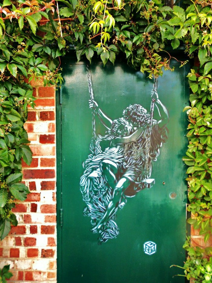 изкуство картина графити рисунка Зелени любителите на вратите Green тухлена стена