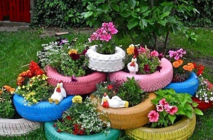vonzónak-Gartengestaltung használt gumiabroncs újrahasznosítás színes színű