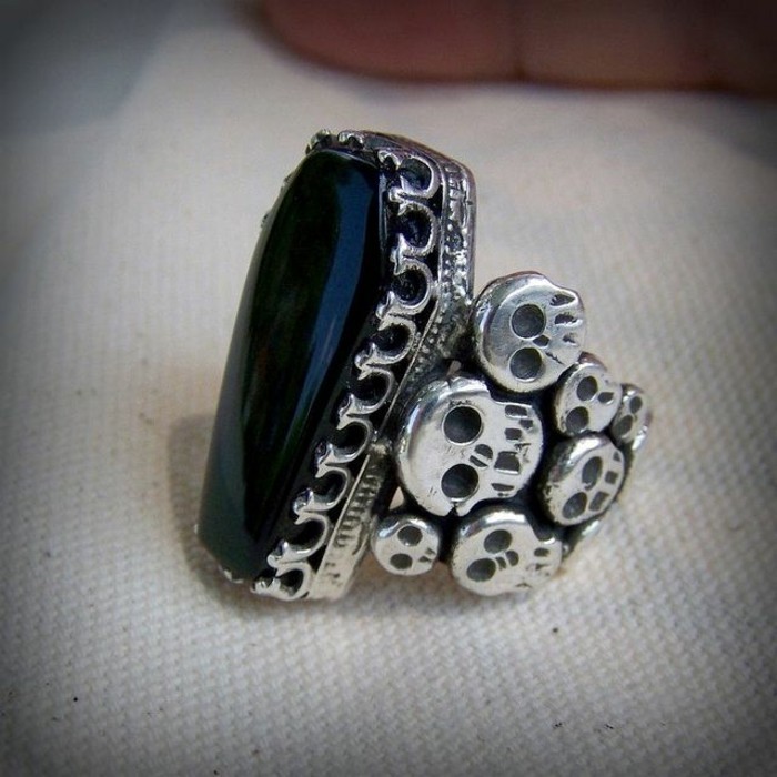 фантазия сребърни пръстени модел с Obsidian Череп Декорация готически стил