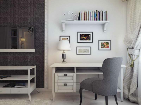 офис мебели ikea-сиво-стол-книжарница и бели плътни завеси