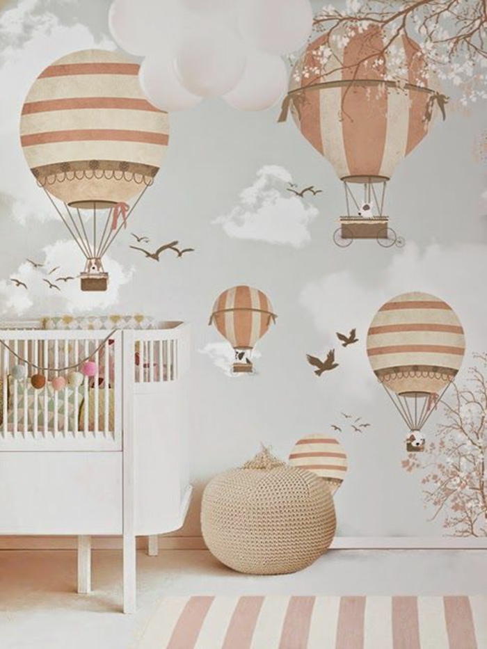 غرفة الطفل رمادي وردي بيج ديكورات مثيرة للاهتمام على جدار فكرة تصميم البالونات سرير الطفل