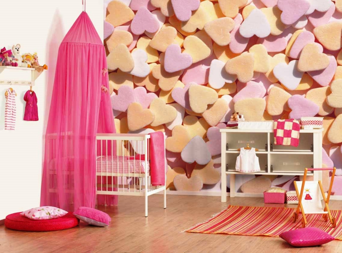 dječja soba djevojka s srcima uređenje ciklamen boje krevet jastuk srce dječja odjeća na zidu