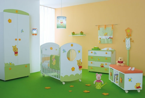 óvoda tervezés-baba-szoba-komplett baba-szoba díszít-zöld-sárga baba szoba design