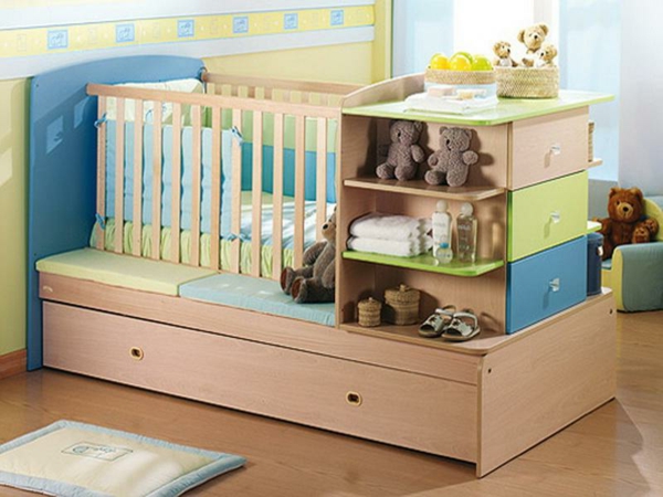 babyroom-nuori-super-vauvan sänky-with-monia-laatikkoa-ja-hyllyt