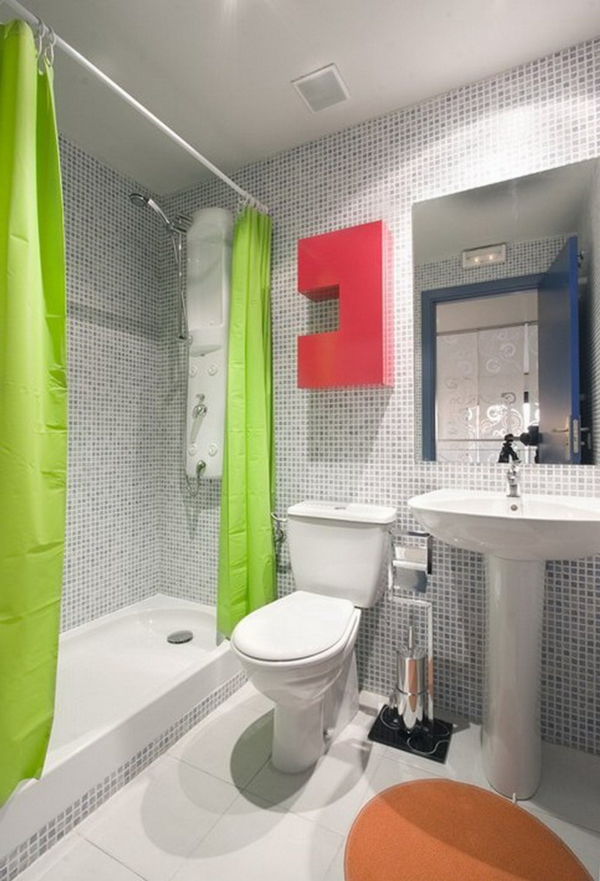 fürdőszoba design zöld függöny akcent a falon - vörös