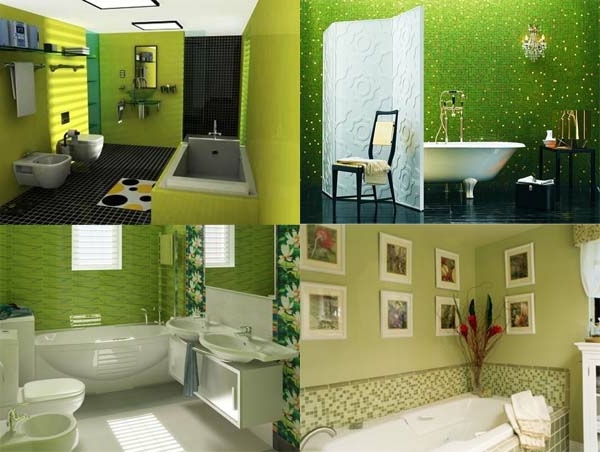 Σχεδιασμός λουτρών - πράσινο χρώμα τοίχου - τέσσερις φωτογραφίες