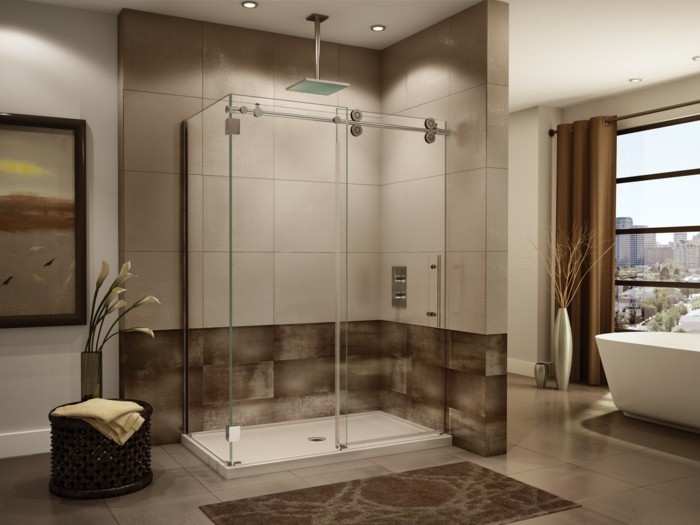 salle de bains en marron clair avec douche en forme de boîtier-de-verre-dalles-fleurs-window-linge