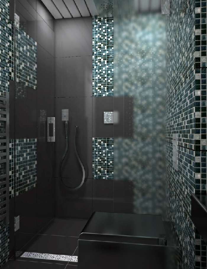 मोज़ेक-नीली डिजाइन सुपर के साथ बाथरूम-देखो
