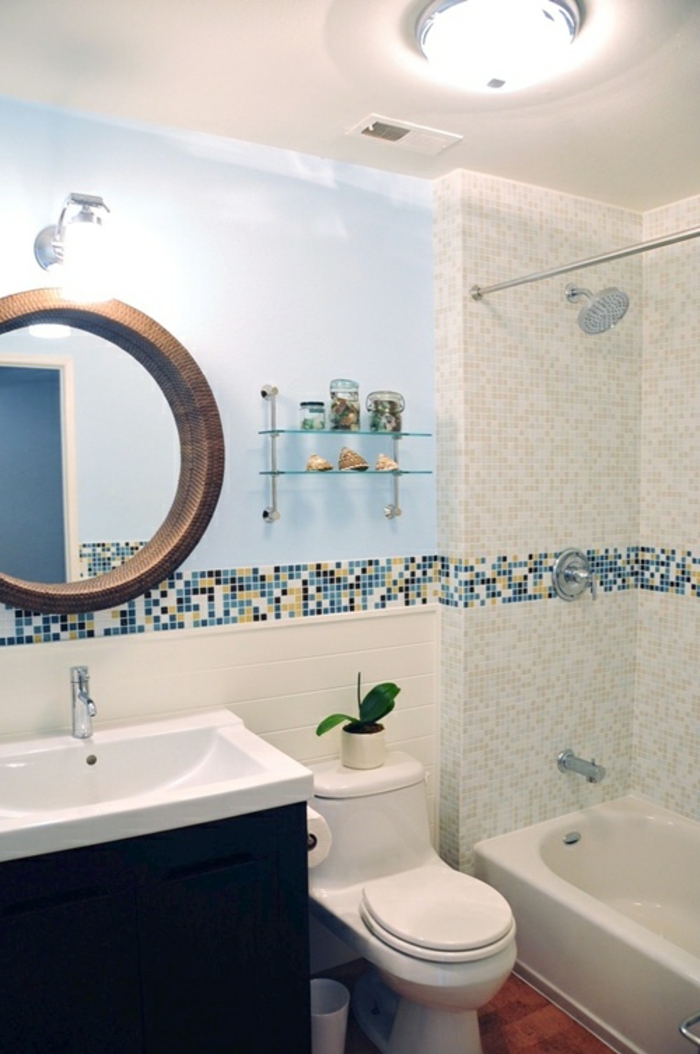 kupatilo-sa-mozaik-smiješno-izgled-okrugli-ogledalo